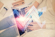 © peshkova - Double exposure of woman hands working on computer and arrows hologram drawing. Top View. growth concept.