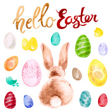 Easter Holiday Set Watercolor Illustration. Hand Painted Bunny With Eggs And Hello Easter Lettering For Egg Hunt.