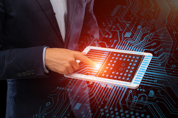 Aufkleber - Futuristic technologies. Businessman pressing shiny integrated circuit on tablet screen, collage