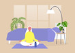 Young female character practising yoga and meditation at home, mindfulness, modern millenial lifestyle
