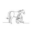 Continuous line illustration of a farrier working on a horse, trimming hoof done in black and white monoline style.
