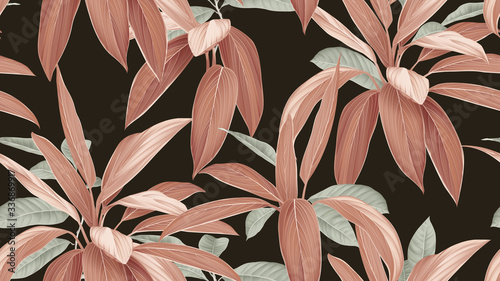 Foliage seamless pattern, brown Cordyline fruticosa Firebrand plant and green...