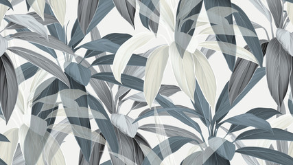  Foliage seamless pattern, blue Cordyline fruticosa Firebrand plant on bright grey