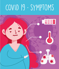 covid 19 coronavirus infographic, character with symptoms cold fever and cough