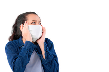 attractive asian woman with mask covid-19 coronavirus protection fear and scare of outbreak spread of flu virus isplate white background