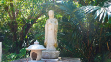 White Buddha Statue Praying In The Jungle Against A Background Of Palm Leaves And Vines. Okinawa Japan