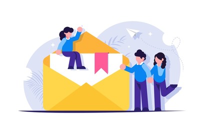 Poster - Email marketing concept. People stand near an open letter with a paper document inside. Modern flat vector illustration.