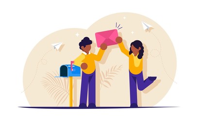 Poster - New email concept. People stand with a paper envelope near the mailbox. Notification of an incoming message. Modern flat vector illustration.
