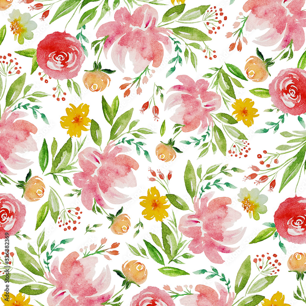 Watercolor pattern with pink and yellow flowers and leaves. Hand drawn ...