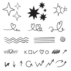 Wall Mural - hand drawn Set of doodle elements. Black and white linear pattern. Sketch style vector collection. cartoon style vector isolated