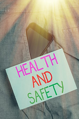 Poster - Conceptual hand writing showing Health And Safety. Concept meaning procedures intended to prevent accident in workplace Smartphone device inside trousers front pocket note paper