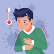 young man with fever covid19 symptoms and particles