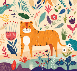  Vector colorful illustration with  flowers, leaves and tiger. Trendy vector illustration 