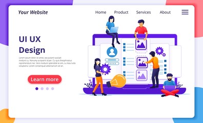 Poster - ui ux design concept, people creating an application design, content and text place. modern flat web