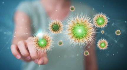 Poster - Woman analyzing coronavirus on microscopic close-up 3D rendering