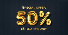 50 off discount promotion sale made of realistic 3d gold balloons. Number in the form of golden balloons. Template for products, advertizing, web banners, leaflets, certificates and postcards. Vector