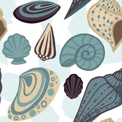 Wall Mural - seamless pattern big different seashell collection colored tropical shells flat vector illustration 