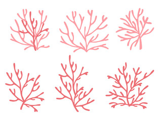 Wall Mural - set of pink colored seaweeds underwater ocean plants sea coral elements flat vector illustration on 