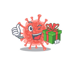 Poster - Smiling oncovirus cartoon character having a green gift box