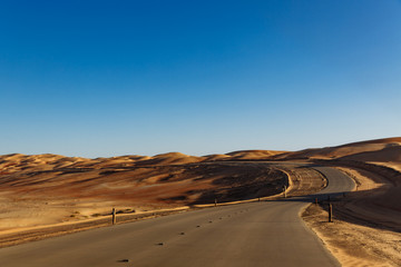 Road through the desert to the Moreeb dune in Liwa Oasis, Emirate of Abu Dhabi, UAE