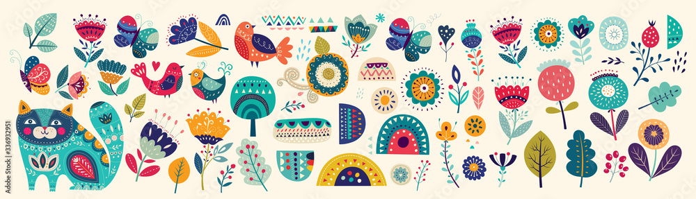 Big collection of flowers, leaves, birds, cat and spring symbols and decorative elements - obrazy, fototapety, plakaty 