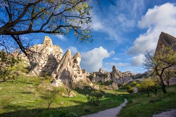 Sticker - Landscape of Cappadocia, Turkey. The top of the hill is a strange sandstone mountain, inhabited by houses and has many windows. In the summer there are green grass and blue skies.