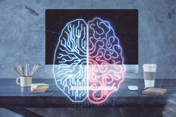 Double exposure of table with computer and brain hologram. Data innovation concept.