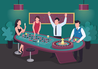Poster - Casino flat color vector illustration. Man win at roulette game. Woman bet on red. Put stake on black. Croupier with chips. Gambler 2D cartoon characters in interior with competitors on background