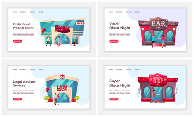 Poster - Shop front landing page flat color vector template set. Food delivery homepage layout. Law agency one page website interface with cartoon illustration. Nightclub web banner, webpage