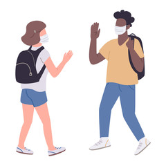Poster - Students in medical masks flat color vector faceless characters. Virus protection, prevention isolated cartoon illustration for web graphic design and animation. Pandemic education, social distance