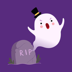 Wall Mural - White Little Ghost Flying From Under Gravestone, Cute Halloween Spooky Character Vector Illustration