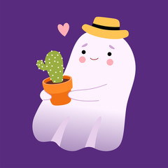 Sticker - White Little Ghost in Hat with Flowerpot, Cute Halloween Spooky Character Vector Illustration