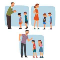 Poster - Parents Scolding Naughty Boys Set, Adult People Chastening Children for Bad Behavior Vector Illustration