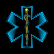 The star of life with rod of Asclepius emblem. Vector illustration in engraving technique. Modern symbol of medicine, emergency medical services, paramedics, technicians. Isolated on white.