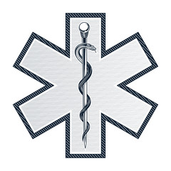 The star of life with rod of Asclepius emblem. Vector illustration in engraving technique. Modern symbol of medicine, emergency medical services, paramedics, technicians. Isolated on white.