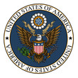 United States of America coat of Arms. Colorful vector illustration of bald eagle with shield, arrows and olive branch in engraving technique. Isolated on white.