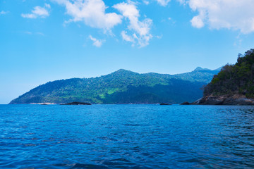 Wall Mural - Landscape of the line of the rainforest, from the ocean. Tropical island in Indian Ocean. Uninhabited and wild subtropical isle with palm trees. Blank sand on a tropical island.