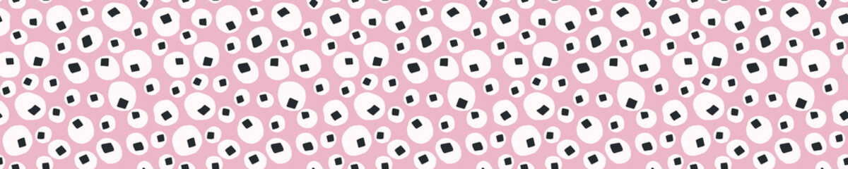 Sticker - 
Ditsy bright polka dot shapes seamless vector border pattern. Stylized paper cut out banner background. Kawaii modern retro fun ribbon trim. Dotty scandi childish bright circle masking washi tape.