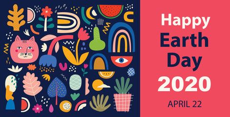 Wall Mural - Happy Earth Day illustration. Big Vector colorful summer collection with flowers, leaves and tiger. Trendy vector cartoon illustration