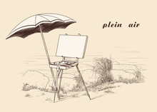 
Plein Air. Vintage Image Of The French Style Easel With  Canvas,  Palette, Brush And An Umbrella On The River Bank. Painting In The Open Air.  