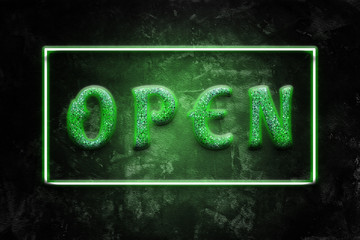 Wall Mural - Open Sign Green Neon Light On Black Concrete Wall, 3D illustration