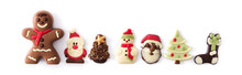 Assortment Of Christmas Chocolate Bonbons Isolated On White Background. Panorama View