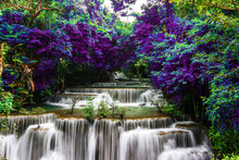 amazing of huay mae kamin waterfall in colorful autumn forest at Kanchanaburi, thailand