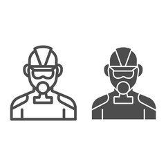 Poster - Firefighter line and solid icon. Fireman with respirator outline style pictogram on white background. Man in fireman uniform and gas mask for mobile concept and web design. Vector graphics.