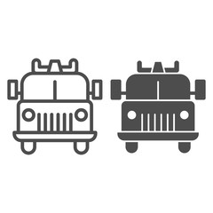 Poster - Firefighting vehicle line and solid icon. Emergency service fire truck outline style pictogram on white background. Fire engine or firetruck for mobile concept and web design. Vector graphics.