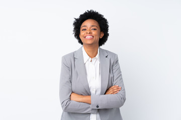 Wall Mural - African american business woman over isolated white background laughing