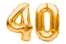 Number 40 Forty Made Of Golden Inflatable Balloons Isolated On White. Helium Balloons, Gold Foil Numbers. Party Decoration, Anniversary Sign For Holidays, Celebration, Birthday, Carnival