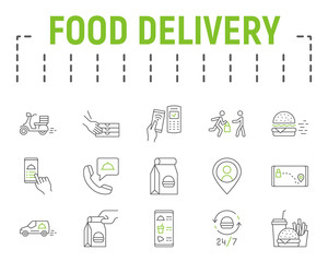 Wall Mural - Food delivery color line icon set, fast food symbols collection, vector sketches, logo illustrations, food delivery service icons, fast delivery signs linear pictograms package.