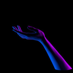 Poster - neon duotone open hand sculpture giving, holding, take or showing something gesture isolated on blac