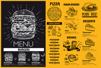 Wall Mural - Restaurant cafe menu, template design. Flyer with hand-drawn graphic.